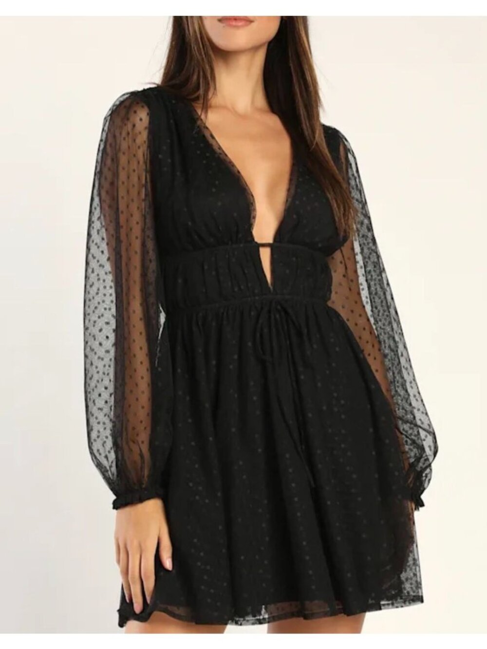 Lulus Sweet Twist Black Swiss Dot Long Sleeve Tulle Mini Dress Sheer Whimsigoth